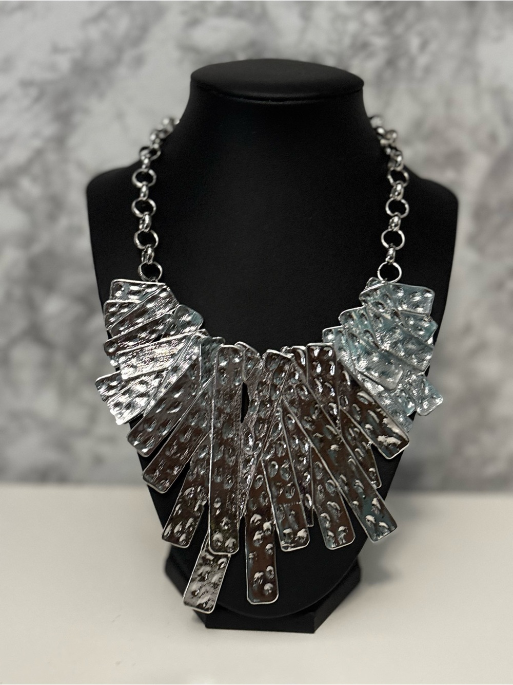 Silver Statement Necklace - Bold Textured Bib Necklace Set